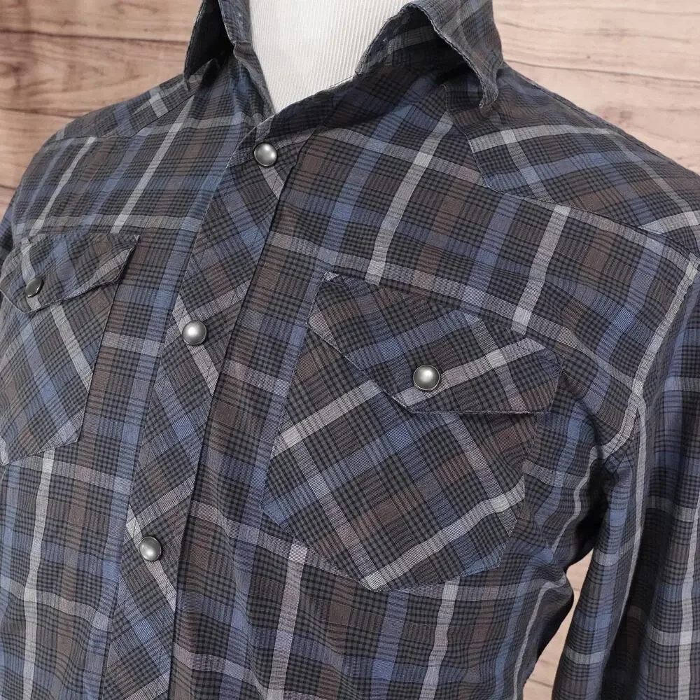 Banana Republic Shirt Mens Medium Blue Gray Plaid Western Pearl Snap Long Sleeve